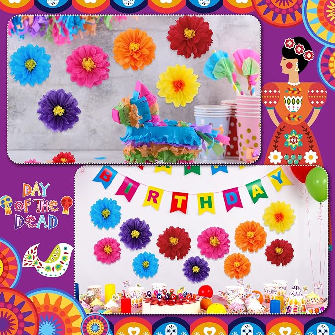 Geyee 36 Pcs Mexican Paper Flower Colorful Tissue Paper Flower, 10" 12" 14" | Fiesta Tissue Crepe Paper Flowers Pom Poms Mexican Carnival for Floral Party Backdrop Wedding Birthday Party Craft - Image 6