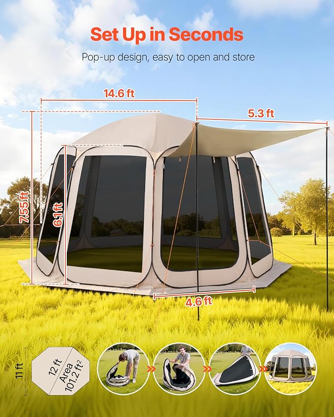 VEVOR Pop up Screen House Tent, 12 x 11 ft, 10-12 Person Screen Gazebo with Extended Awning, Portable Screened in Canopy with Carry Bag, Netting Sides, for Patio, Backyard, and Outdoor Activities
