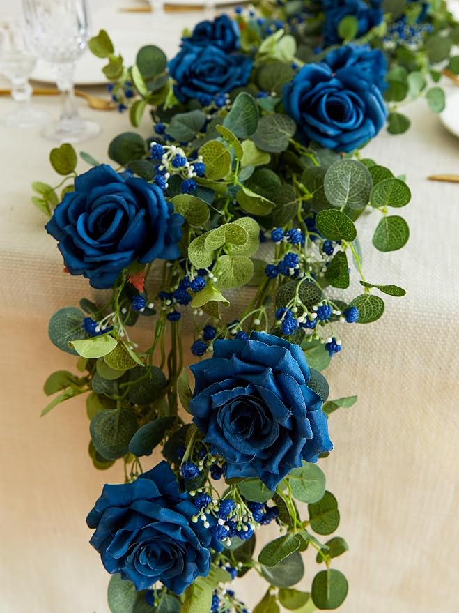 Anna's Whimsy 5.91FT Artificial Eucalyptus Garland with Flowers, Fake Rose Gypsophila Garland, Faux Floral Garlands for Wedding Spring Home Party Craft Art Table Runner Decor (Blue, 1) - Image 8