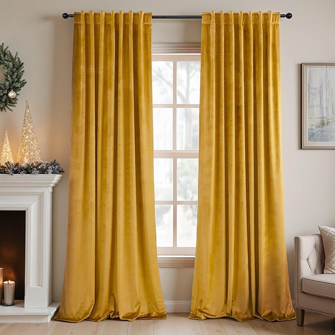 Mustard Yellow Gold Velvet Curtain 84 Inch Long 2 Panel for Living Room Darkening Light Blocking Heat Resistant Warm Fall Drape for Patio Sliding Door French Window Vintage 52x84 Floor Length Back Tab by Pitalk