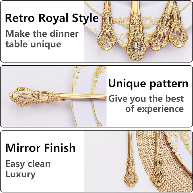 300Pieces Gold Plastic Silverware - Heavy Duty Gold Disposable Utensils - Vintage Plastic Cutlery Set Includes 100 Forks, 100 Spoons, 100 Knives for Dinner Parties Weddings (Pack of 2)