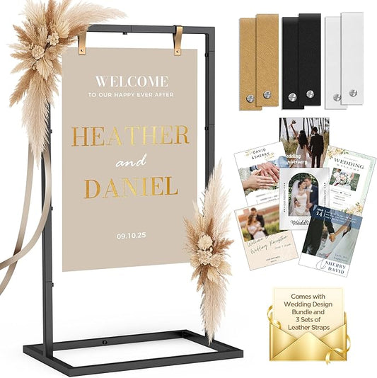 Welcome to Our Wedding Sign Stand, Adjustable Portable Seating Chart Holder for Wedding Entrance Reception, Black Metal Linen Fabric Display Easel with Design Bundle & Hanging Straps for Party Décor