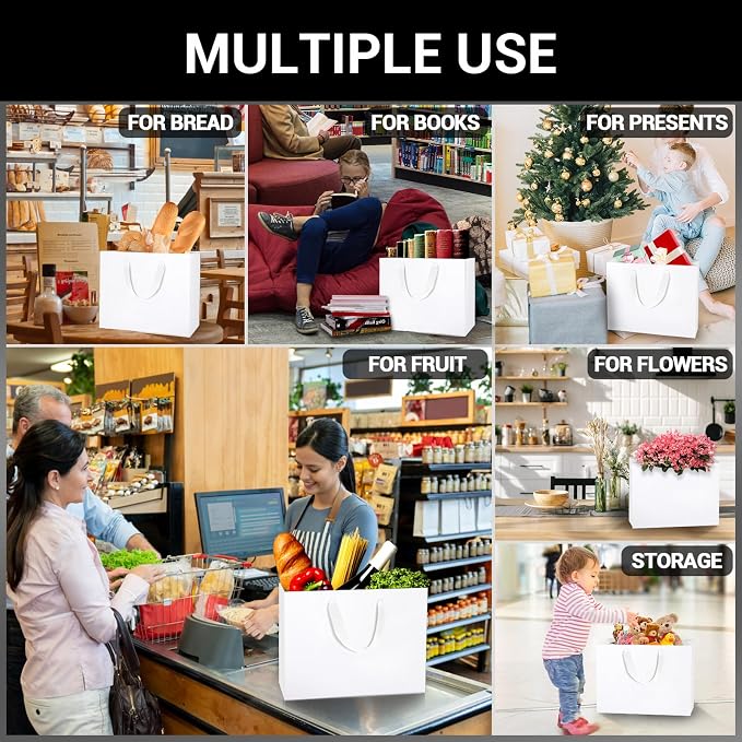 EUSOAR Gift Wrap Bags with Handles, 50 Pack 10.6x3.1x8.3 inches Small White Paper Bags in Bulk, Heavy Duty Totes for Wedding, Grocery, Boutique, Business, Baby Showers, Birthdays - Image 4