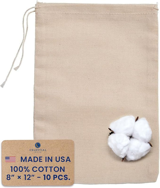 Celestial Gifts Muslin Bags with Drawstring, 8x12, 100% Cotton, 10 Pcs | Large Drawstring Gift Bags Bulk for Party Favor & DIY Craft, Made in USA, Reusable Muslin Bags, Natural Hem & Drawstring by CelestialGifts