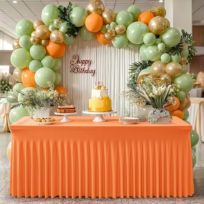 6 Packs Orange Table Clothes for 6 Foot Rectangle Tables, One-Piece Wrinkle Resistant Stretch Spandex Table Covers with Skirt for Event Banquet Wedding Birthday Party - Image 6