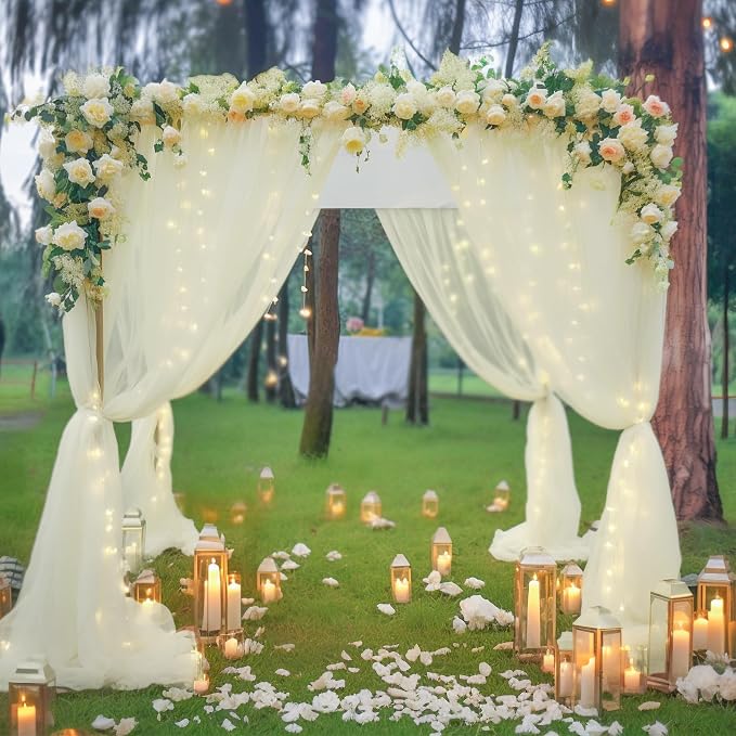 30ft x 8ft Ivory Backdrop Curtain Panels with Lights String for Parties, Sheer Tulle Wedding Backdrop Drapes for Baby Shower Birthday Party Home Decorations - Image 3