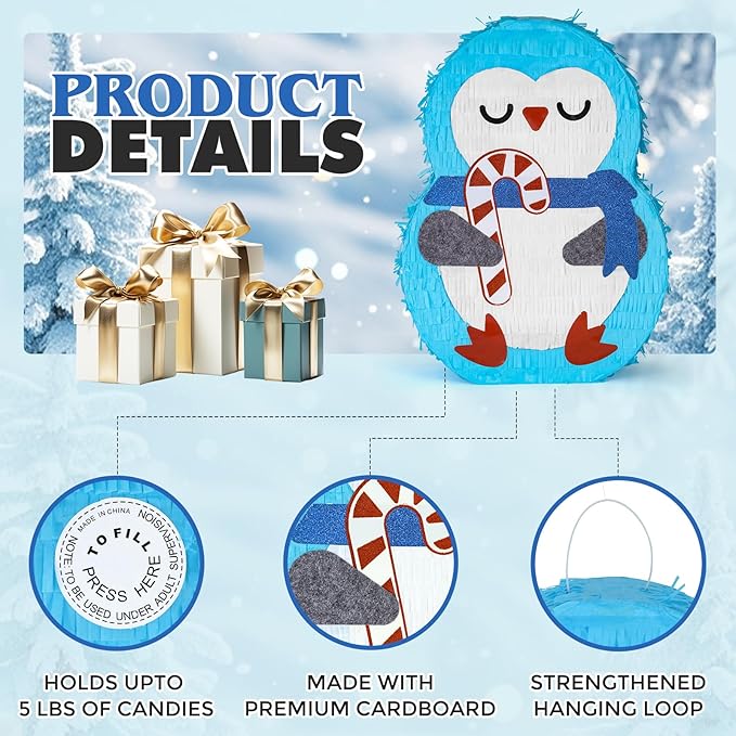 Cute Penguin Pinatas Bundle with a Blindfold and Bat (Small Size 16.5x12x4 Inches), Perfect for Winter boys and girls Birthday Party Supplies, Christmas Party Decoration Games for Kids Party