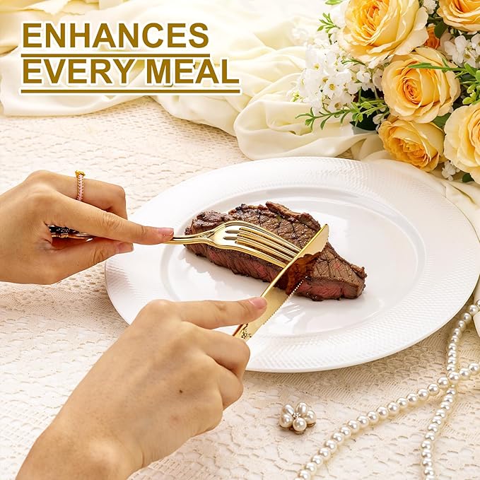 40PCS Gold Plastic Silverware - Heavy Duty Elegant Disposable Utensils - Gold Plastic Cutlery Set Includes 20 Forks, 10 Spoons, 10 Knives for Dinner, Parties, Weddings (Pack of 2)