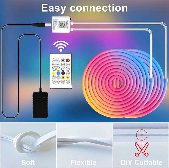 Cozylady 66Ft (33Ft * 2 Rolls) RGB LED Neon Rope Lights for Bedroom, 20m LED Strip Lamp with Double Sided Adhesive Tape, App/Remote Control DIY Lights Decorate The Outdoor and Indoor of Your Home