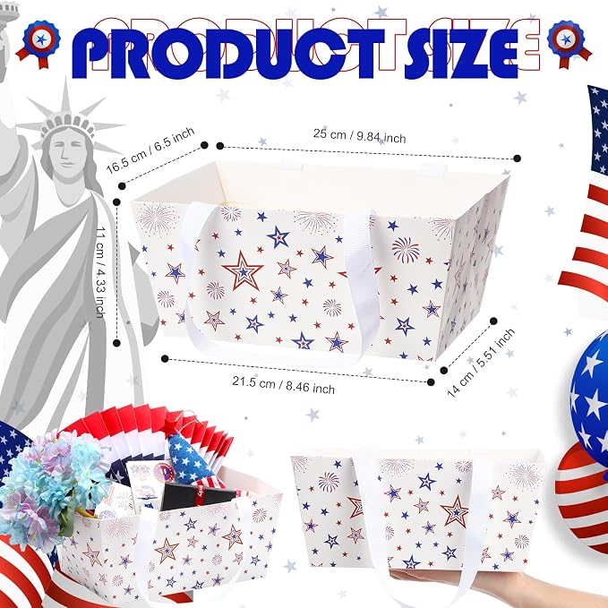Funnymoom 24 Pcs 4th of July Basket for Gifts Empty 250th Red Blue Star Firework Patriotic Paper Gift Box with Cellophane Bags & Pull Bows for Independence Day, Memorial Day, Party Favors, 9.8 x 6.5'' - Image 3