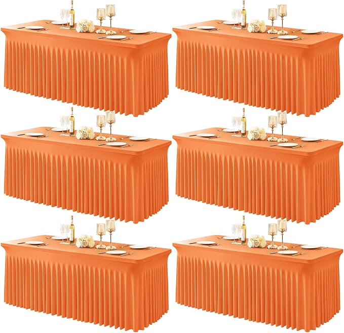 6 Packs Orange Table Clothes for 6 Foot Rectangle Tables, One-Piece Wrinkle Resistant Stretch Spandex Table Covers with Skirt for Event Banquet Wedding Birthday Party by PartyTalk