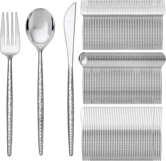 SUT 300PCS Silver Plastic Silverware, Disposable Utensils, plastic cutlery Set Includes 100 Knives, Forks and Spoons, Disposable Silverware for Party, Hammered Silverware Set