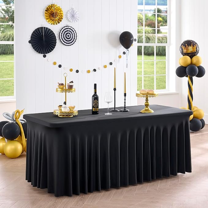 Outpain 2 Pack Black Table Clothes for 8 Foot Rectangle Tables, One-Piece Wrinkle Resistant Stretch Spandex Table Covers with Skirt for Event Banquet Wedding Birthday Party - Image 4