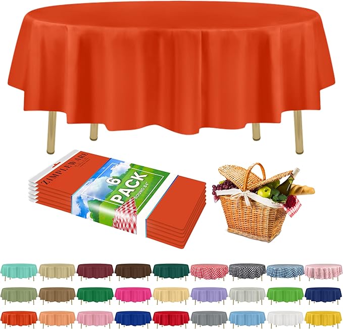 ZIMPLEWARE Premium Orange Plastic Table Cloth Disposable (6 Pack) Round Tablecloth (84in) Party Table Cloths Disposable, Perfect Table Cloth Round Cover for Any Table Up to 6 Feet by Zimpleware