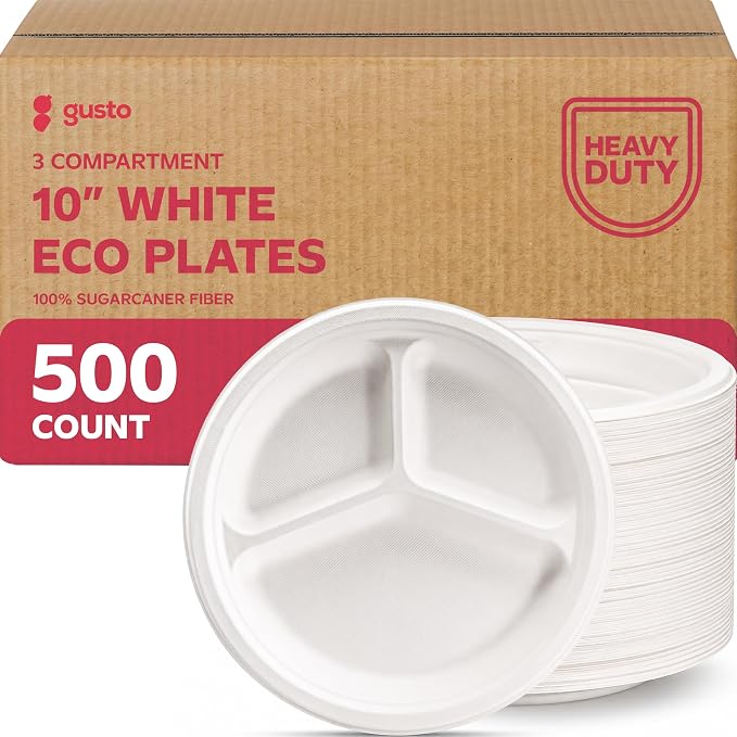 GUSTO 100% Compostable Sugarcane Paper Plates, Heavy Duty, Eco-Friendly, Biodegradable - White, 10 Inch, 3 Compartment, Case of 500 by GUSTO