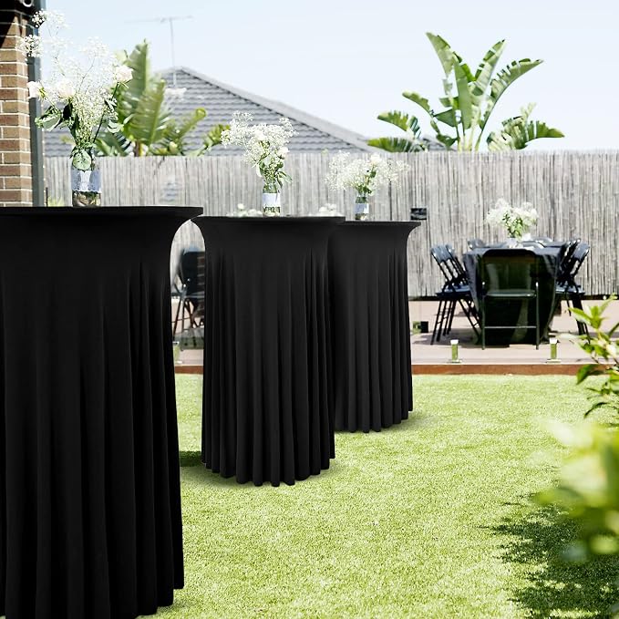 10 Packs Black Round Cocktail Table Skirt 32"x 43" | Spandex Stretch Cocktail Tablecloth with Wavy Drapes, Fitted High Top Table Covers for Wedding Bar Party Birthday - Image 5