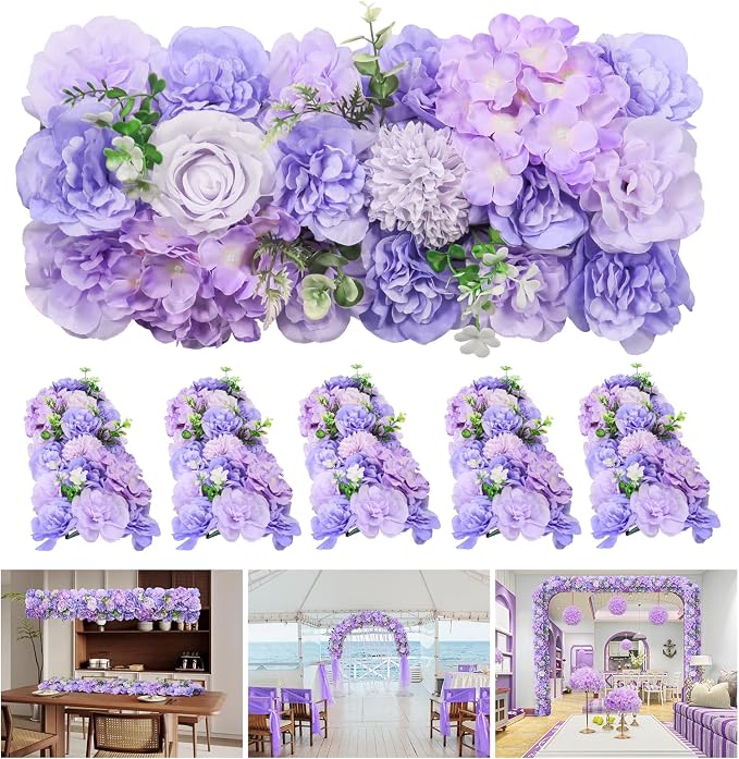 Wedding Arch Flowers 6-Pack Purple Artificial Floral Panel | Mixed realistic flowers, flexible styling, easy DIY setup, reusable and low-maintenance for weddings, parties and home décor. by QinmiGarden