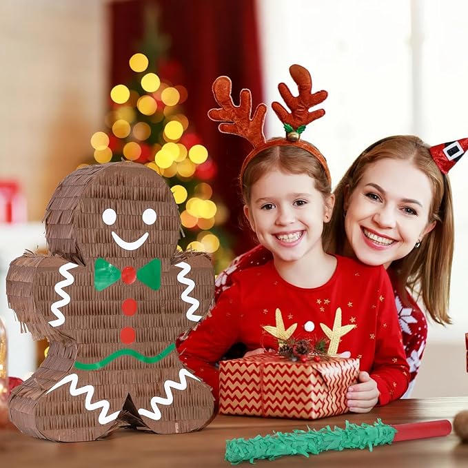 Christmas Gingerbread Man Pinatas Bundle with a Blindfold and Bat (Small Size 16.5x12.5x4 Inches), Holiday Theme Piñata, Christmas Party Supplies, Xmas Piñata, Party Decoration Games