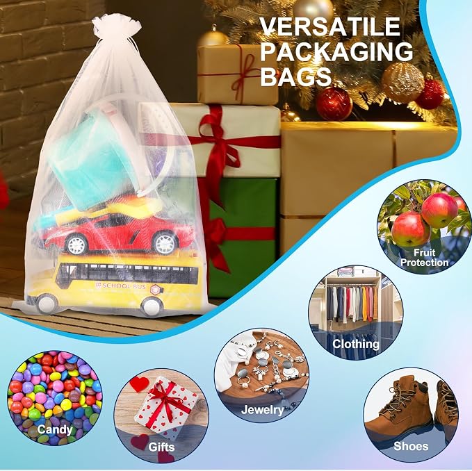 Sweetude 30 Pcs 16 x 24 Inches Extra Large Drawstring Organza Bags Mesh Gift Drawstring Pouches Mesh Jewelry Bags for Party Wedding Favor Candy Vegetables Growing Plants (White) - Image 6