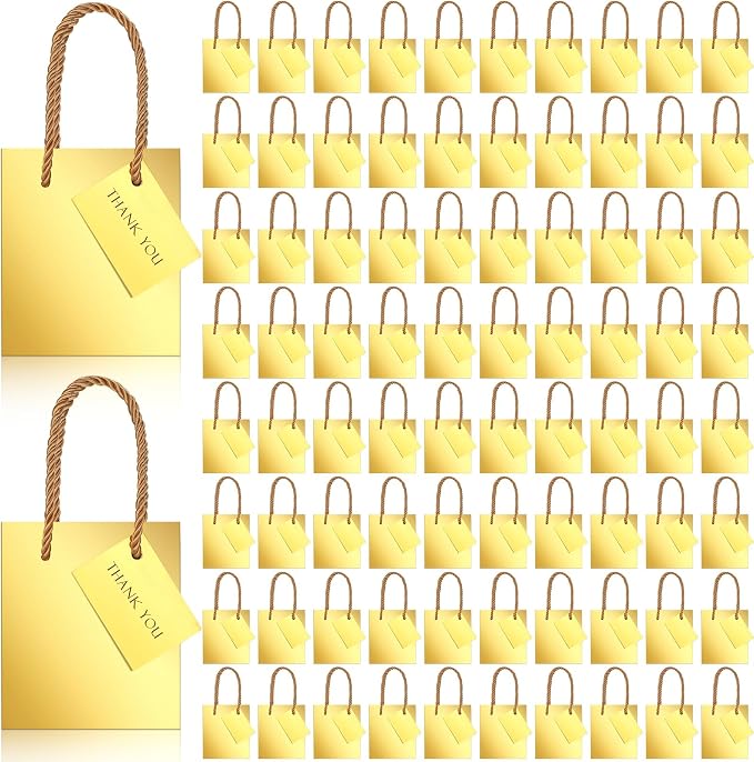 Sherr 100 Pcs Gold Mini Paper Gift Bags with Handles, White Tags | 4x2.75x4.5 in White Paper Bags, Thank You Tags, Party Favors, Wedding, Small Business Packaging, Easter Spring Gifts by Sherr
