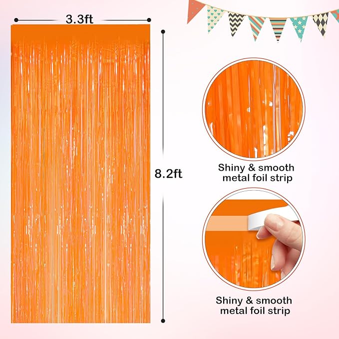 Orange Metallic Tinsel Foil Fringe Curtains, 2 Pack 3.3x8.3 Feet Party Streamer for Birthday Party Decorations, Halloween Decor, Foil Curtain for Bachelorette Party
