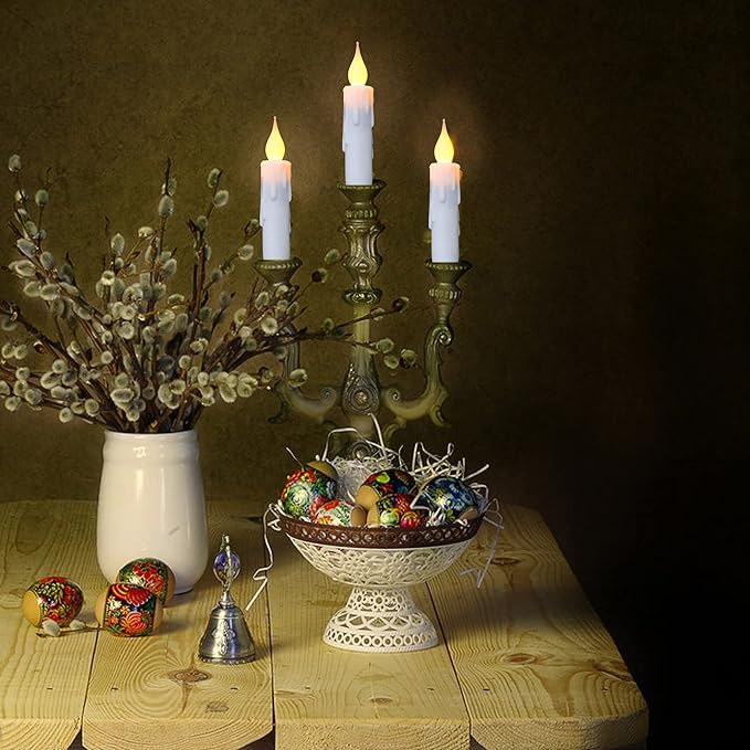 LINCOUNTRY.Short White Taper Candle Battery Operated Flameless Led Taper Candles with Timer,Primitive Small Candlesticks Flickering Flame,4.75Inch Christmas Halloween Decor