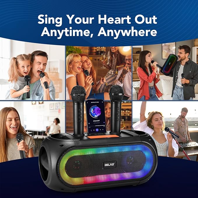 Delxo Karaoke Machine with 2 Wireless Microphones for Adult, Powerful Portable Bluetooth Speaker Loud for Party, PA System Remote Singing Machine with LED Lights, Support BT TWS USB TF, Gift