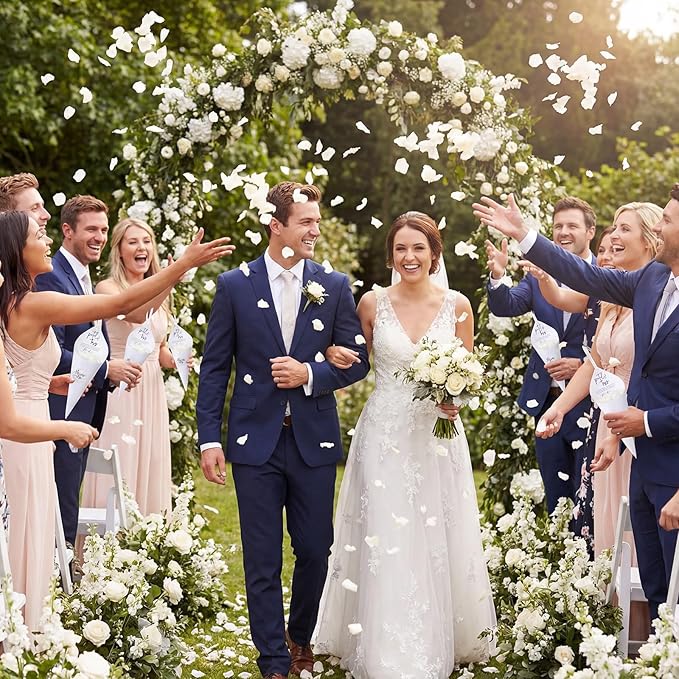 Wedding Petal Cones Kit 50 Sheets Cardstock 2000 Cream Fake Petals 50 'throw Me' Stickers 2 Rolls White Ribbon for Bridal Shower Wedding Favor Celebration Toss