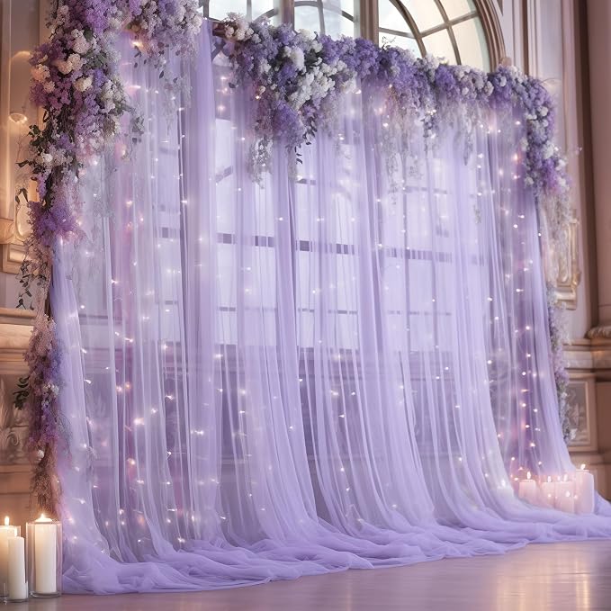 20ft x 10ft Purple Backdrop Curtain with Lights String for Parties, Sheer Tulle Wedding Photo Backdrops Drapes for Baby Shower Birthday Party Decorations Background for Photography - Image 2