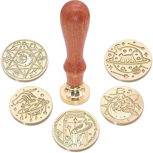 SWANGSA Magic Space Wax Seal Stamp Gift Box Set, Vintage 6 Sealing Stamp Heads + 1 Wooden Hilt, Wax Stamp Kit for Party Invitations, Envelops, Cards and Gift Packaging (Magic Space)