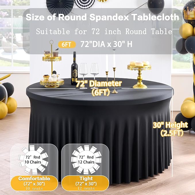 6 Pack Black Round Spandex Tablecloth for 72 inch Table, Wrinkle Free Stretchy 132inch Fitted 6FT Round Table Cloths Cover with Skirt for Wedding Birthday Party Graduation Banquet Events - Image 6