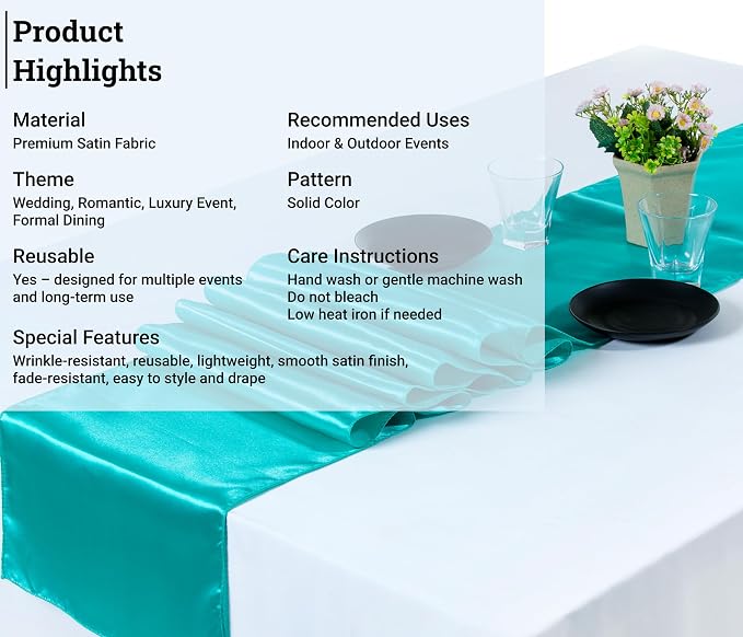 Pack of 20 Satin Table Runners 12 x 108 Inch Long Wedding Sateen Bright Silk Smooth Table Runner for Wedding Reception Birthday Graduation Party Event Banquet Dinner Decoration - Teal - Image 5