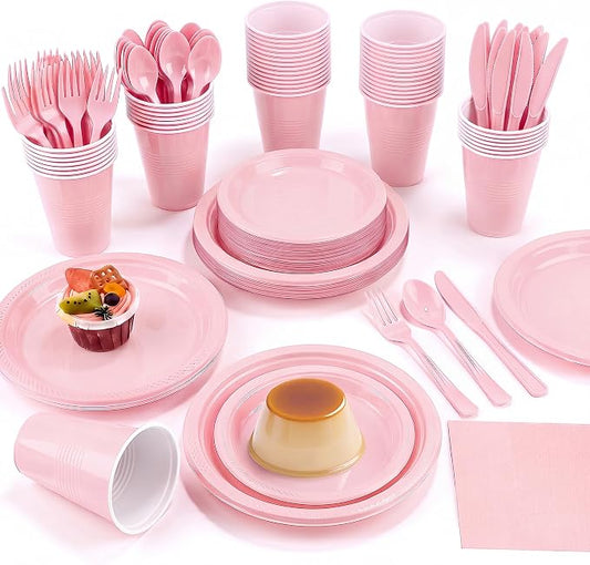 Aodaer 400 Pieces Pink Party Supplies Disposable Dinnerware Set Include Plastic Plates Cups Knives Forks Spoons Paper Napkins for Birthday Wedding Graduation Parties, Serve 50 Guests by Aodaer