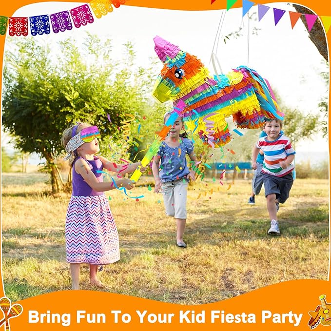 16" Cinco de Mayo Pinata, Large Rainbow Color Donkey Pinata 16 x 13 x 5.5 ln with Stick and Blindfold for Fiestas Mexican Party Decoration, Photo Prop, Taco Tuesday Event