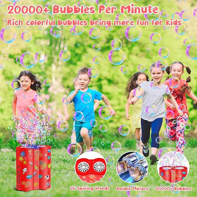 Panamalar Fireworks Bubble Machine, Automatic Bubble Blower 20000+ Bubbles per Minute for Kids, 26 Holes Bubble Machine Maker with Lights/240ml Solution/DIY Sticker for Outdoor Party Wedding Garden