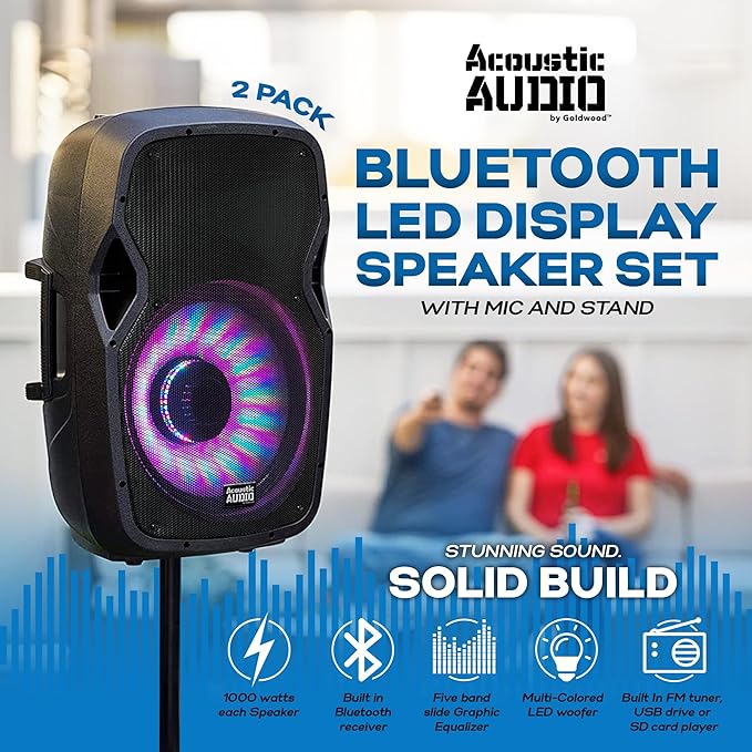 Acoustic Audio by Goldwood 15 Inch 1000 Watt Bluetooth LED Speaker System with RCA25 Pro Audio 25 Foot Stereo Cables, Red/White (2 Pack)