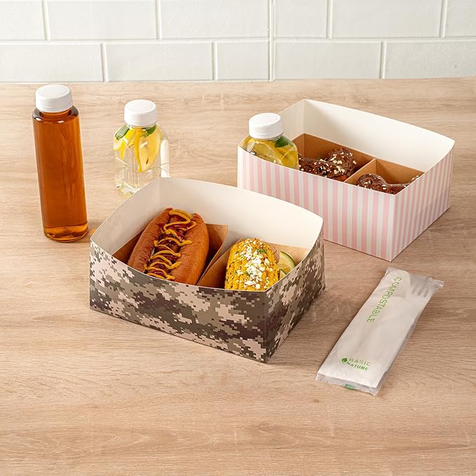Restaurantware Bio Tek 8.4 x 6.1 x 3.5 Inch Burger Trays 100 Disposable Paper Food Trays - Sustainable Sturdy Camouflage Paper Movie Snack Trays For Meals Snacks And Baked Goods - Image 4