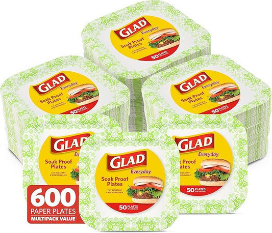 Glad Square Disposable Paper Plates, Green Victorian, 10 in, 50 Ct, 12-Pk | Sturdy dinnerware alternative, ideal for potlucks and casual entertaining, stackable storage, no washing needed by GladTrashFoodStorage