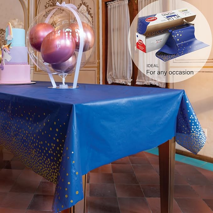 Neatiffy Disposable Plastic Table Cloth Roll with Slide Cutter | Waterproof Cover for Rectangle, Square, Oval Tables | Picnic, Party, Banquet, Birthdays, Weddings - Blue with Gold Dots - Image 6