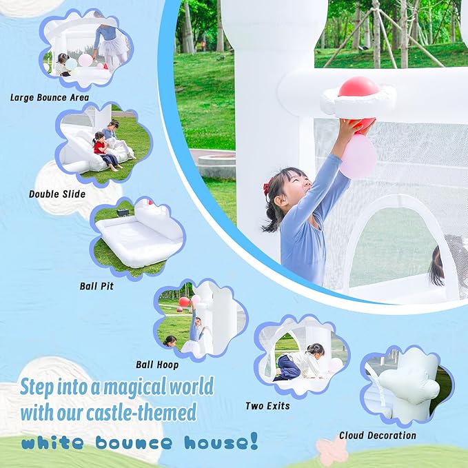White Bounce House, Bounce House for Kids 3-6 with Double Slides, Bouncy House with Ball Pit Blower Included, Bouncy Castle IndoorOutdoor, 10.5ft L x 9.3ft W x 7.3ft H, Nice Choice for Party