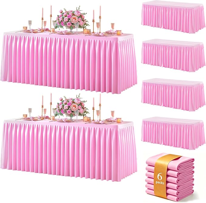 Pink Polyester Table Cloths for Rectangle 6 Foot Tables, 6 Pack Wrinkle Free Tablecloths Stretchy Banquet Ruffle Fitted Table Cover Desk Skirt for Parties Wedding Birthday Baby Shower by Unknown