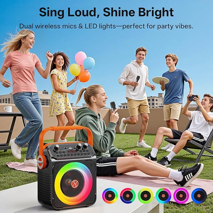Karaoke Machine, Portable Bluetooth Karaoke Speaker with 2 Wireless Microphones for Adults, PA System with Echo Adjustment, LED Lights, Supports USB/TF/REC/FM/AUX, for Home Party, Outdoor