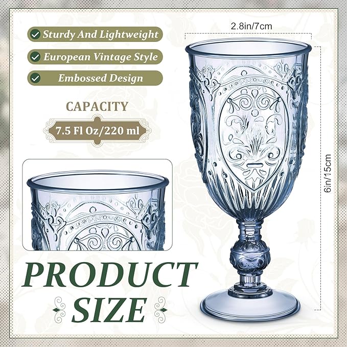 6 Pcs Plastic Goblets 7.5oz Vintage Goblet Plastic Wine Glasses Colored Retro Embossed Water Goblets for Wine Bar Juice Baby Shower Wedding Reception Grand Event Party (Blue)