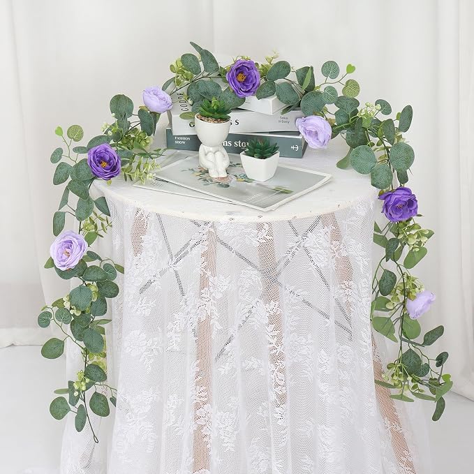 TOCHGREEN 4 Pack Artificial Eucalyptus Flower Garland with Purple Roses | Fake Rose Flower Greenery Garland Floral Vines for Wedding Aisle Centerpiece Backdrop Home Party Table Runner Decor - Image 6