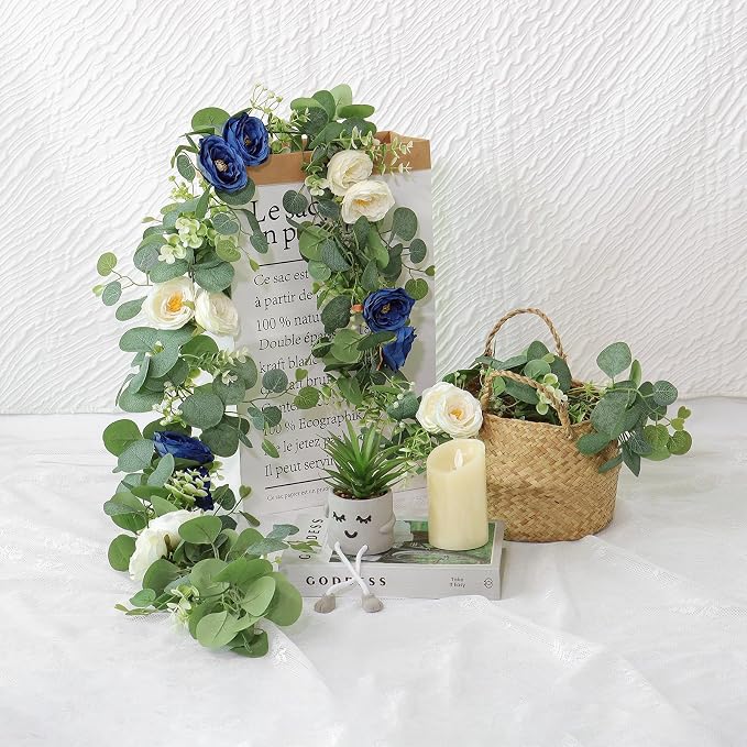 TOCHGREEN 4 Pack Artificial Eucalyptus Flower Garland with White Blue Roses | Fake Rose Flower Greenery Garland Floral Vines for Wedding Centerpiece Backdrop Home Party Table Runner Decor - Image 7