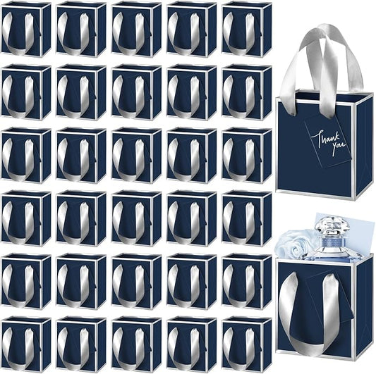 Yeaqee 25 Pcs Mini Paper Gift Bags with Handles Tag, Navy Blue,Silver | Small Size, 4x2.75x4.5'', Metallic Trim, Ribbon Handle, Tiny Jewelry Gift Bag, Wedding Christmas Party Return Thank You Gift by Yeaqee