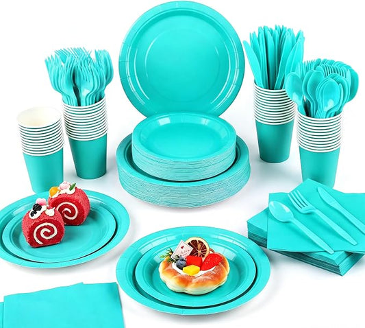 Kochorie 350 Pieces Teal Blue Dinnerware Set, 7 & 9 inch Dessert Paper Plates Cups Napkins Plastic Cutlery Disposable Party Supplies for Birthday Baby Shower Wedding, Serve 50 Guests by Kochorie