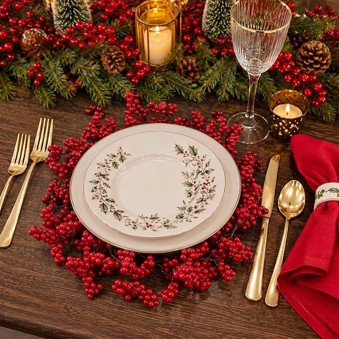 Christmas Round Placemat Set of 12 Artificial Berry Wreath Charger | Circular Xmas Mats, Artificial Greenery Branch Place Mats, Winter Fake Berry Table Decor, Kitchen Dining Accessories - Image 3
