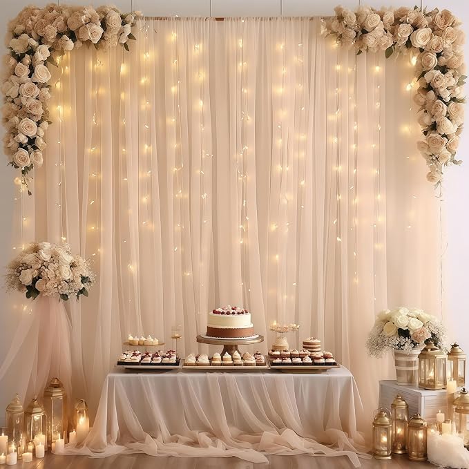 10×10ft Champagne Tulle Backdrop Curtain with Lights String for Parites, Sheer Photo Curtain Backdrop Drapes for Wedding Party Photography Backgrounds - Image 4