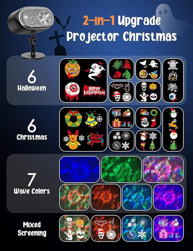 Christmas Projector Lights Outdoor, Christmas Patterns Holiday Projectors, 12 HD Effects (3D Ocean Wave + Patterns), Holiday Projector, Christmas Decorations for Light Show (Black-Christmas-01)